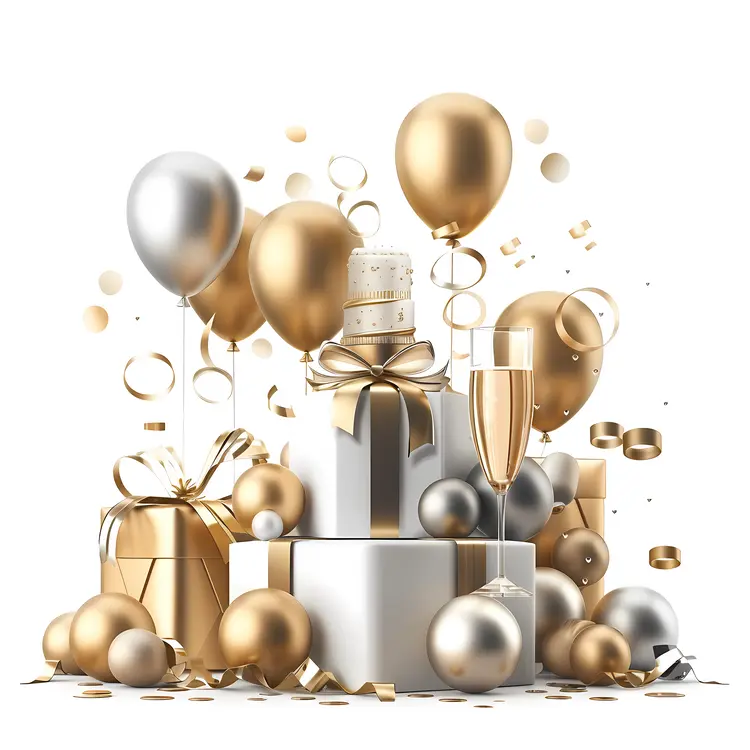 Champagne Bottle and Glasses with Balloons