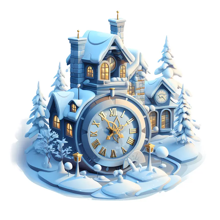 Snowy Clock House with Pine Trees