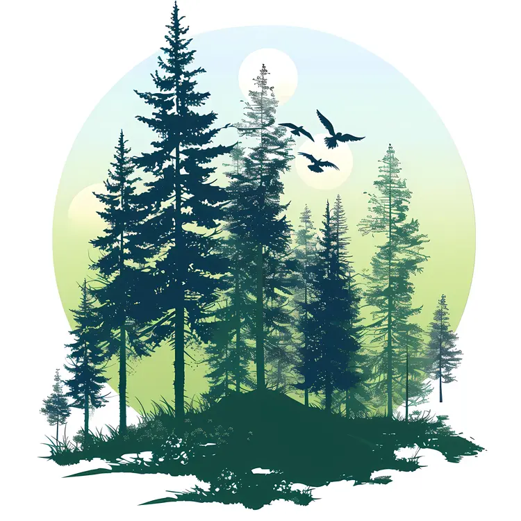 Forest Scene with Birds and Sun