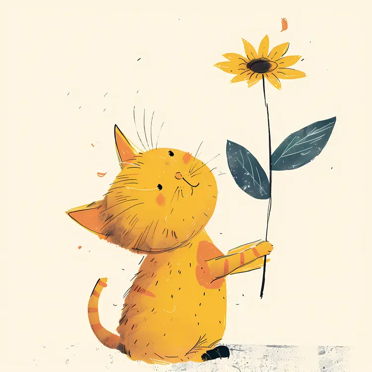 Orange Kitten Holding a Sunflower