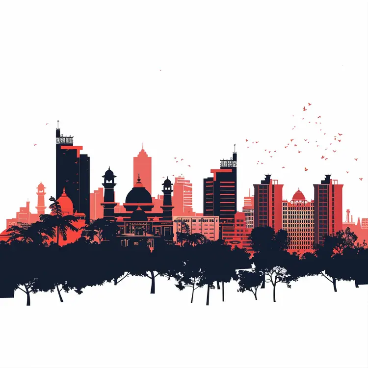 City Skyline with Trees and Birds