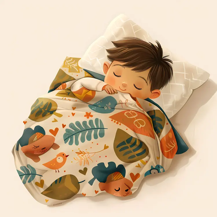Boy Sleeping with Nature-themed Blanket