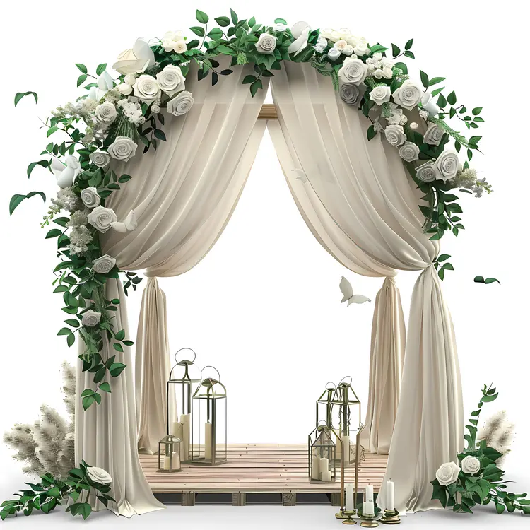 Elegant Wedding Arch with Flowers and Curtains
