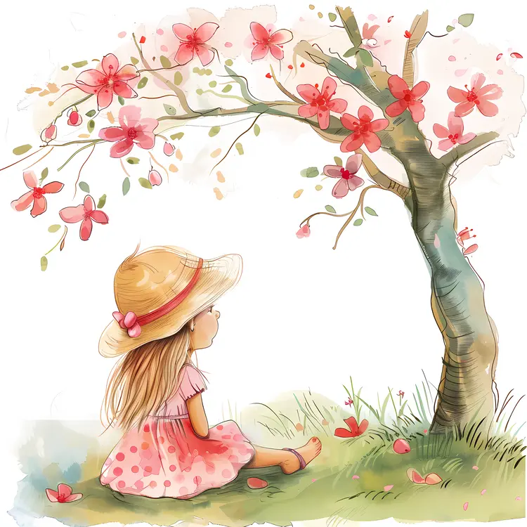 Girl Sitting Under a Flowering Tree
