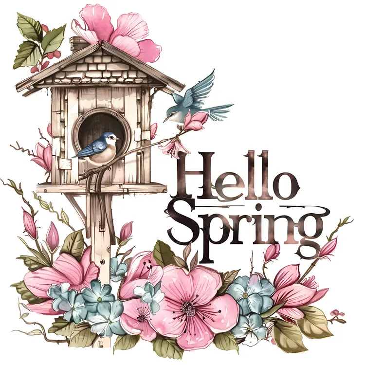 Birdhouse with Pink Flowers and Birds