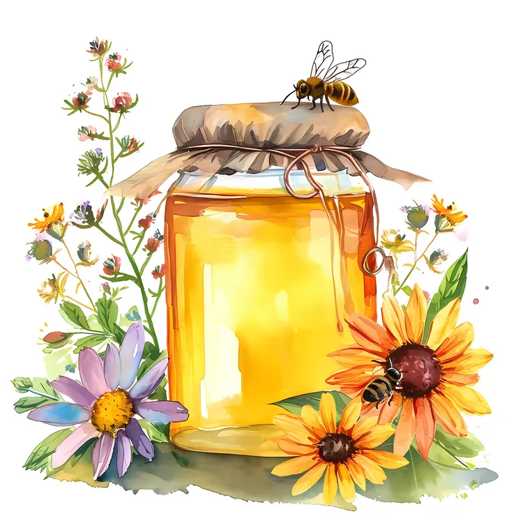 Golden Honey Jar with Bee and Flowers