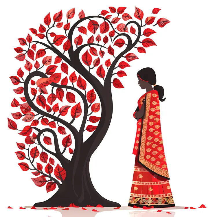 Woman in Red Standing by Tree