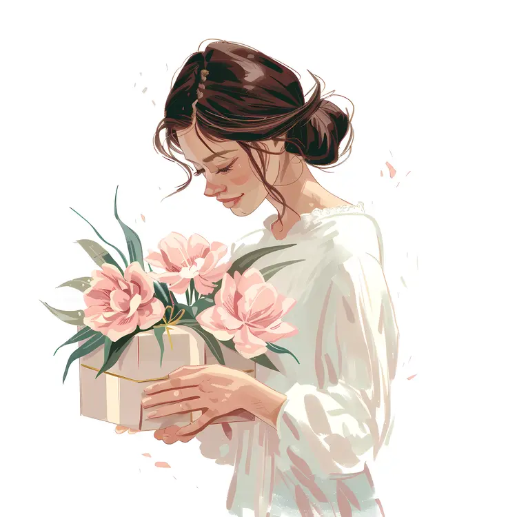 Woman with Flowers and Gift on Mother's Day