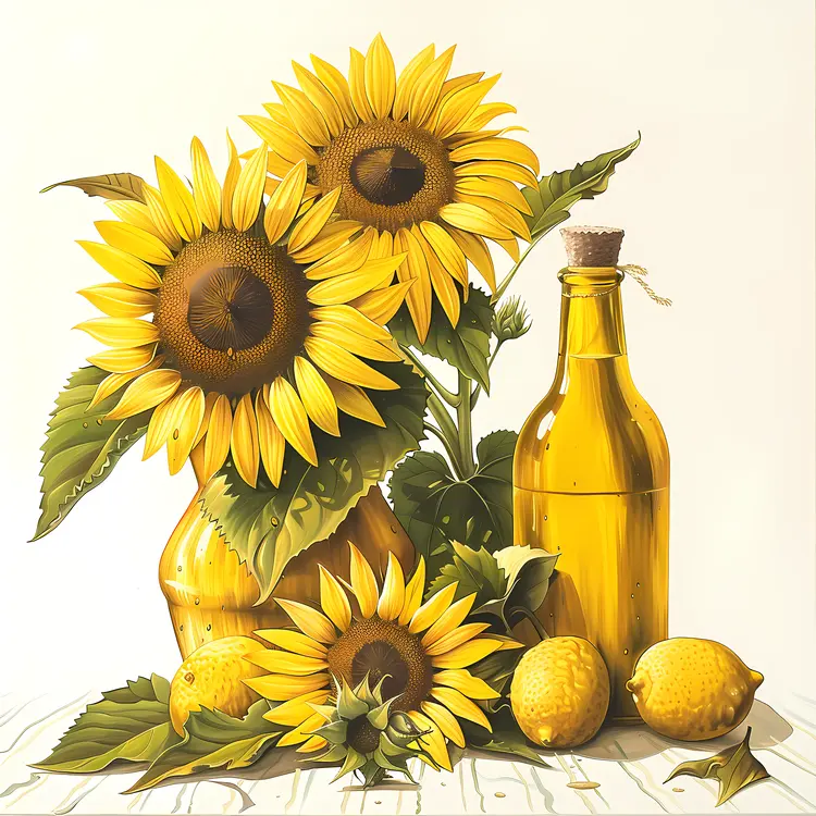 Sunflowers and Oil Bottle Still Life