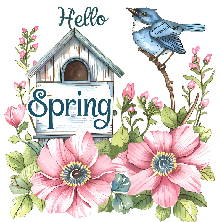 Birdhouse with Pink Flowers and Blue Bird