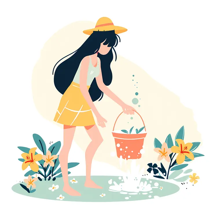 Girl Watering Flowers with Bucket