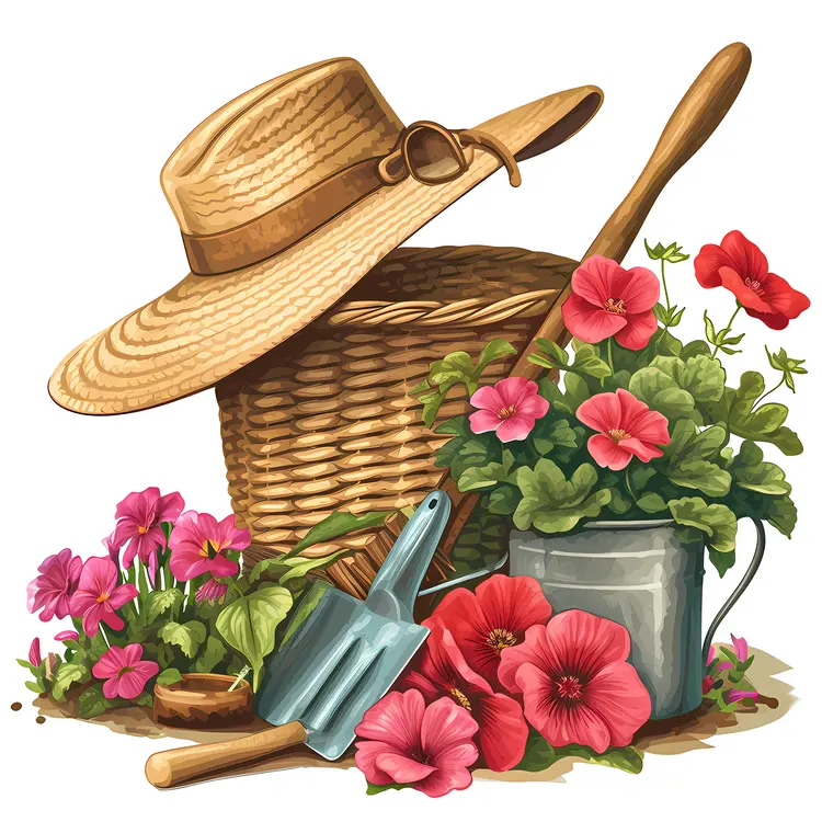 Gardening Tools and Hat with Potted Flowers