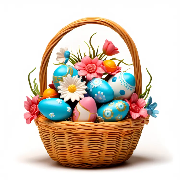 Vibrant Easter Basket with Blue Eggs and Spring Flowers
