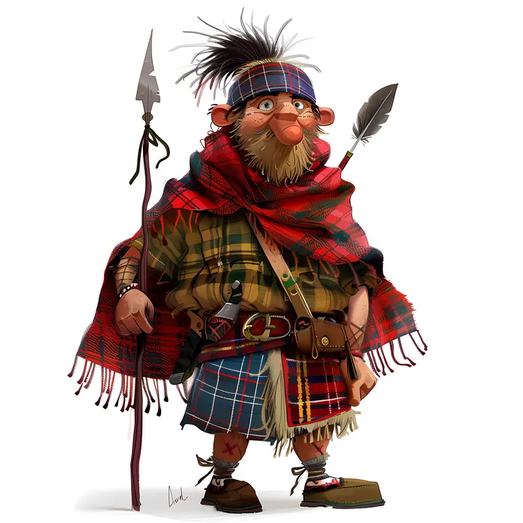 Cartoon Warrior in Plaid with Spear