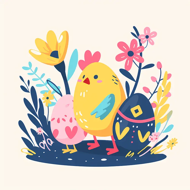Chick with Easter Eggs and Flowers