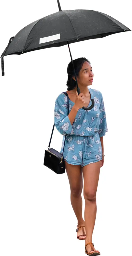 Woman with Black Umbrella in Blue Romper