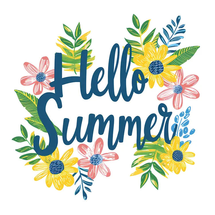 Hello Summer Text with Flowers and Leaves