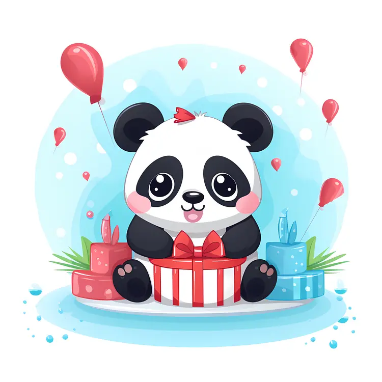 Cute Panda with Birthday Gifts and Balloons