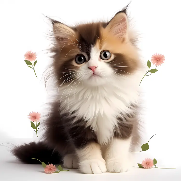 Fluffy Kitten with Flowers