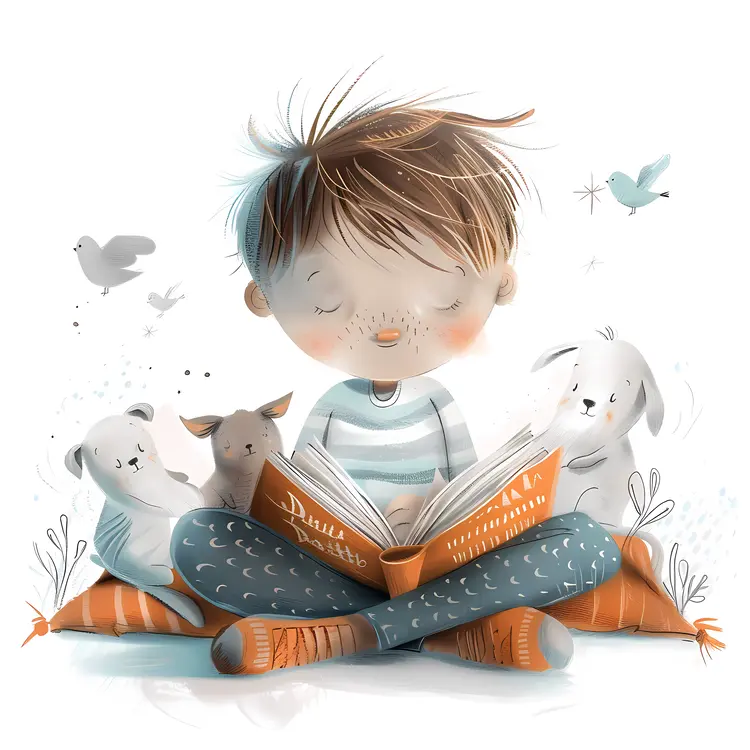Child Reading Book with Animals