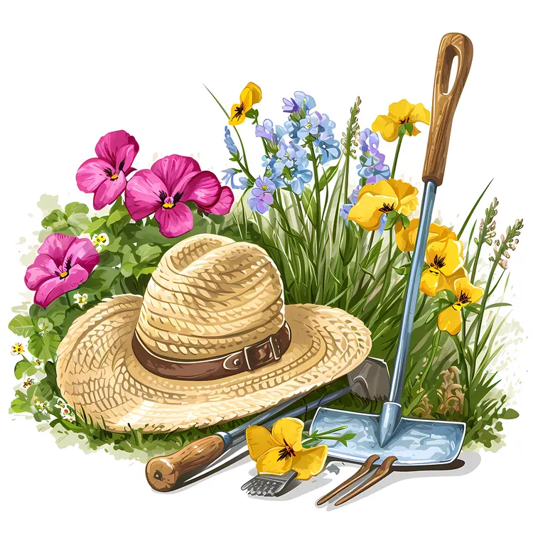 Gardening Tools and Flowers in Spring