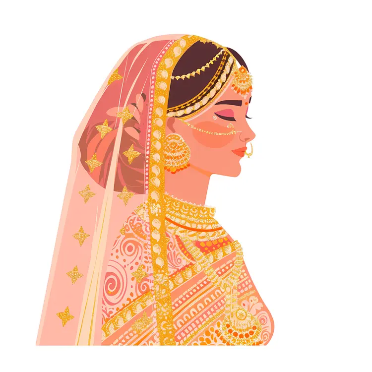 Side Profile of Traditional Indian Bride in Pink and Gold Attire