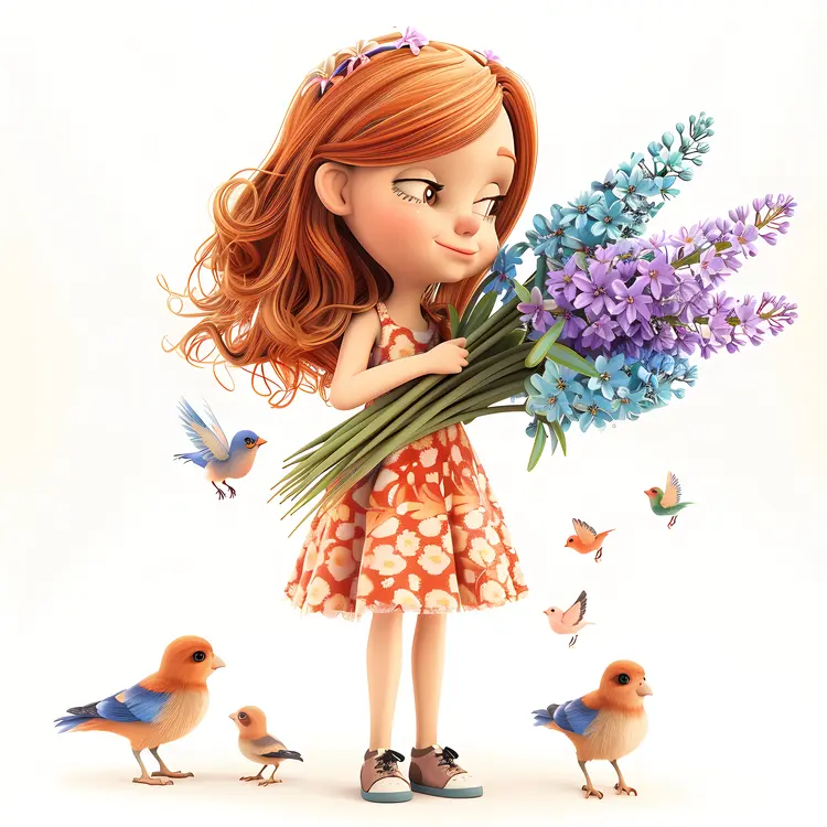 Girl Holding Purple Flowers with Birds