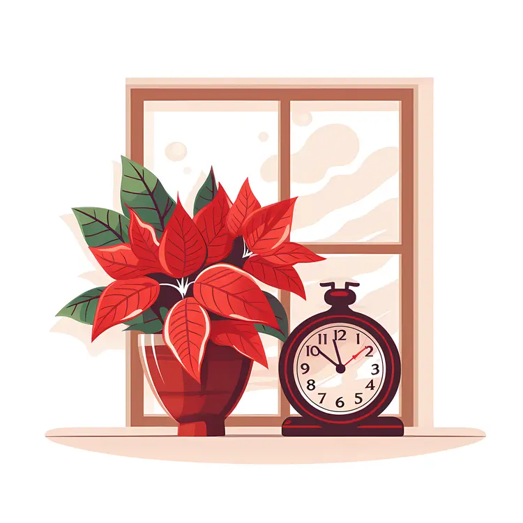 Poinsettia and Clock by the Window