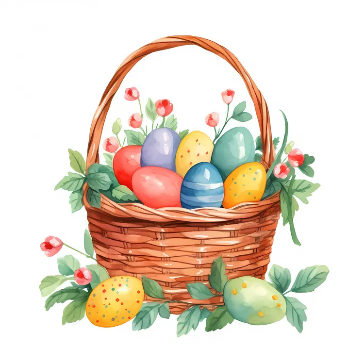 Hand-Drawn Easter Basket with Colorful Eggs and Floral Accents