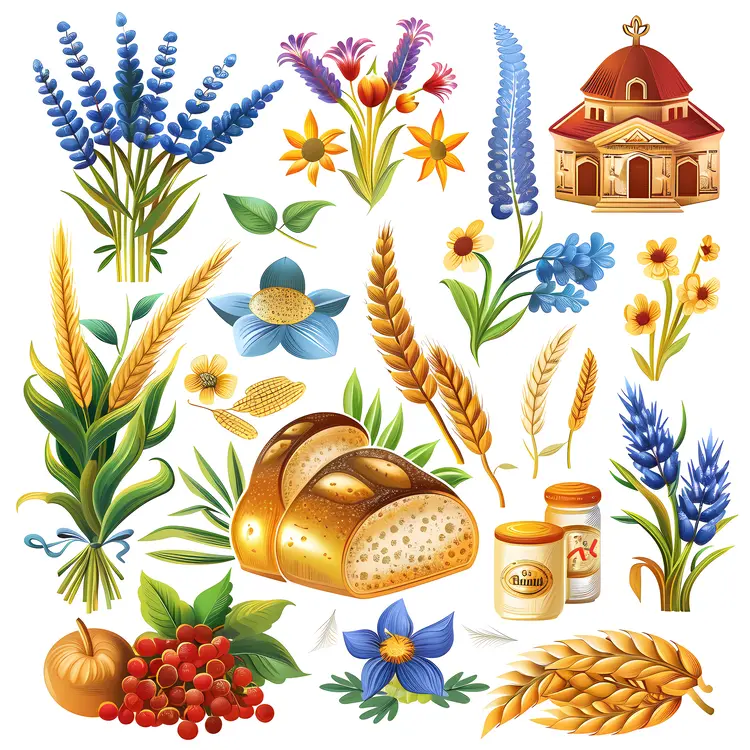 Bread and Wheat with Flowers and House