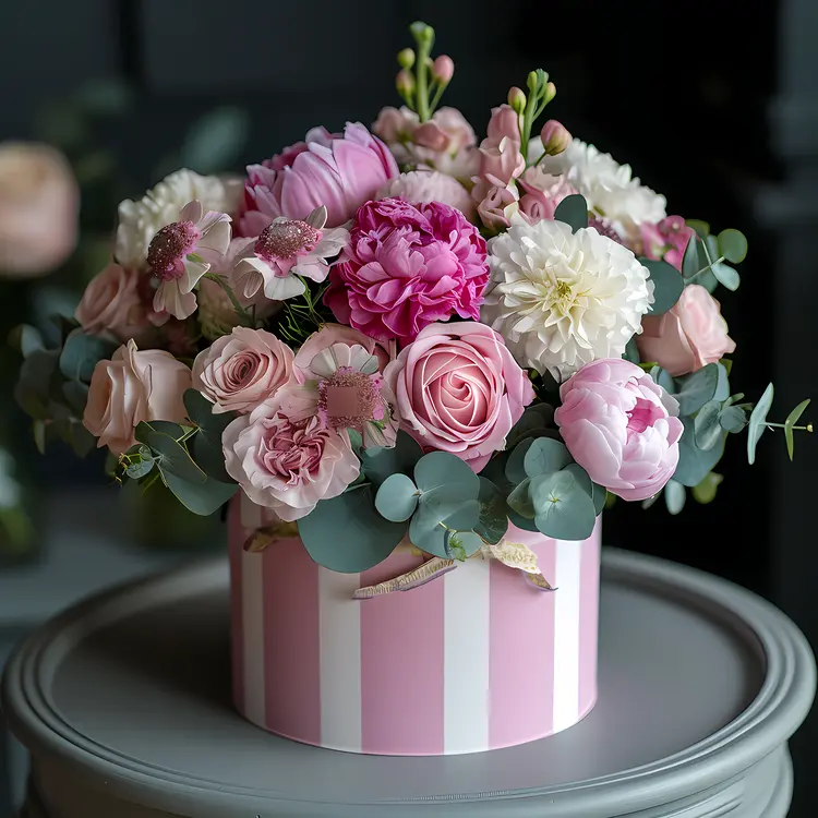 Pink and White Floral Arrangement in Striped Box