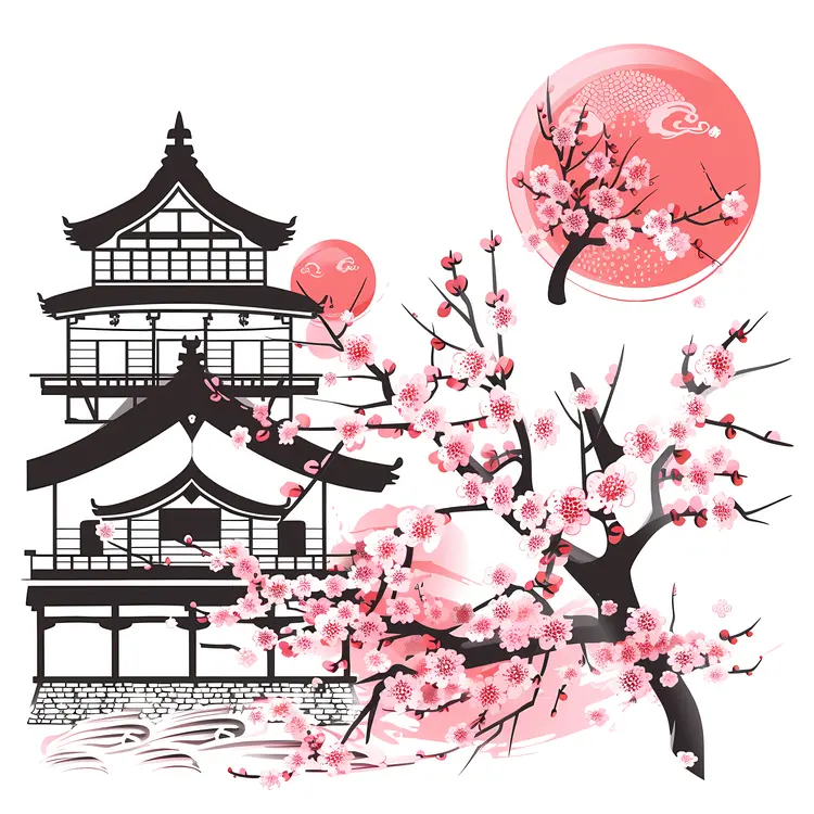 Cherry Blossom Pagoda with Blooming Tree