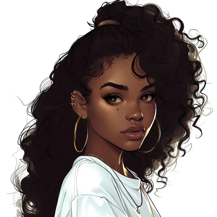 Woman with Curly Hair and Hoop Earrings
