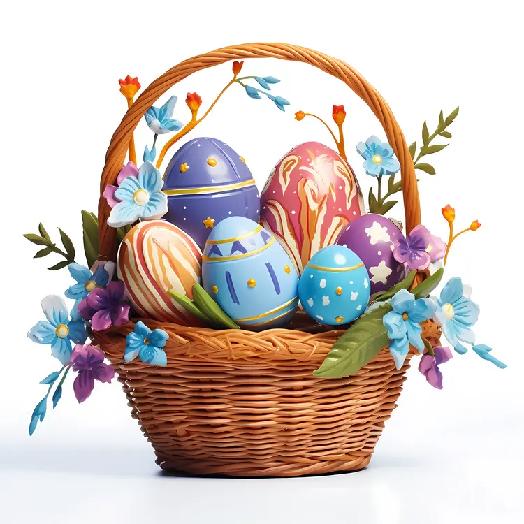 Easter Basket with Painted Eggs and Flowers