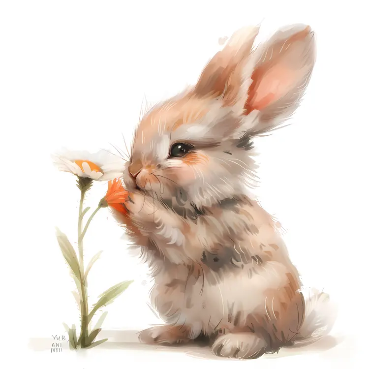 Cute Bunny Holding a White Flower