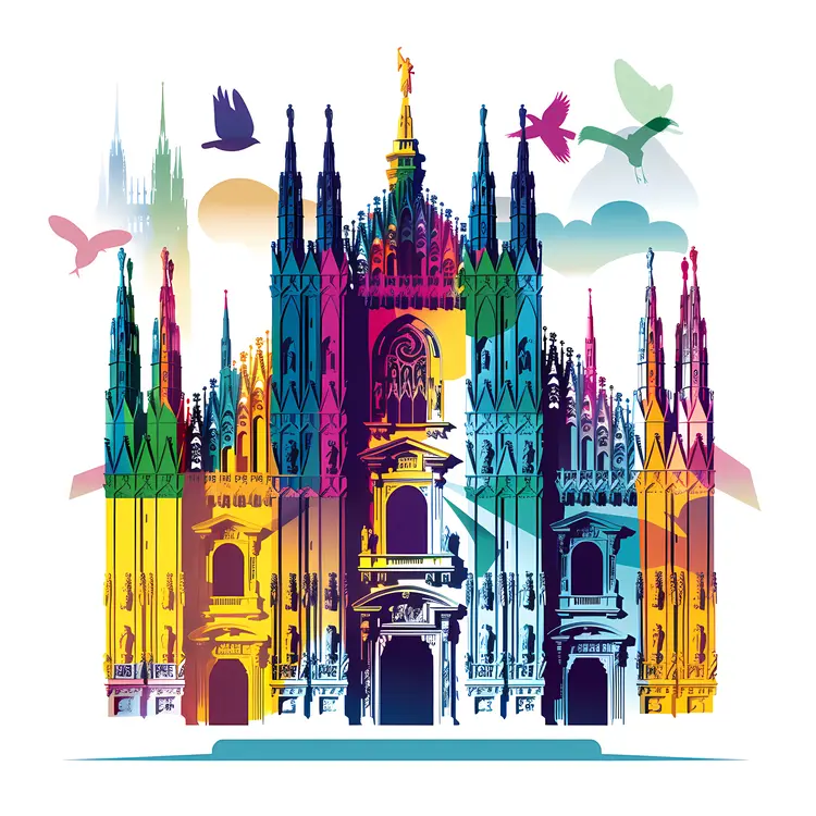 Multicolored Gothic Cathedral with Birds