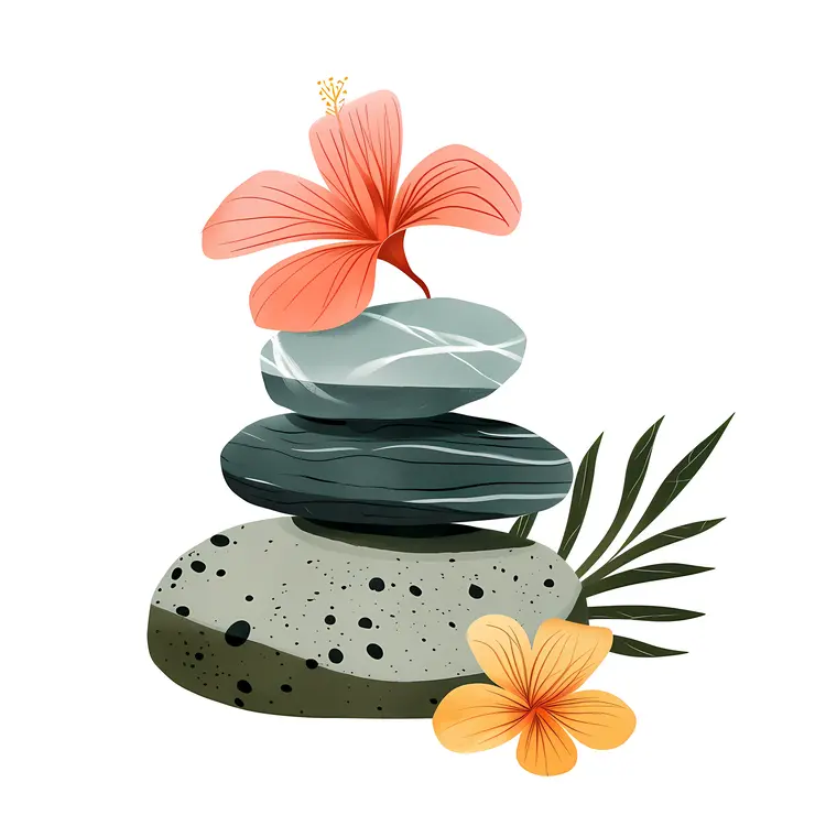 Zen Stacked Stones with Pink and Yellow Flowers