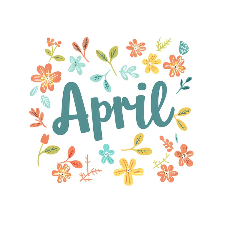 April Text with Pastel Flowers and Leaves