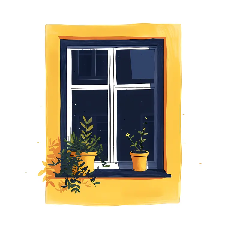 Bright Window with Yellow Frame and Plants