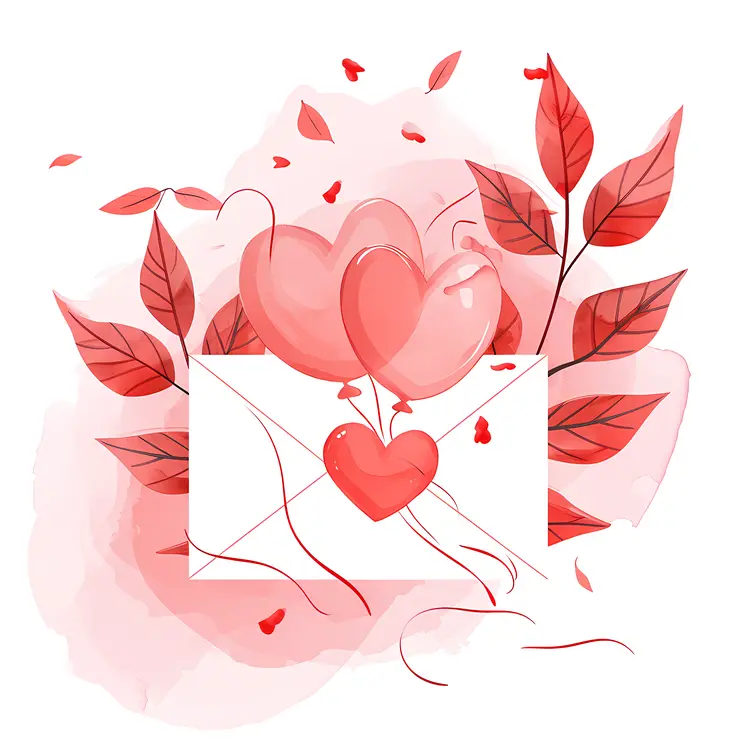 Heart Balloons and Envelope with Leaves Illustration