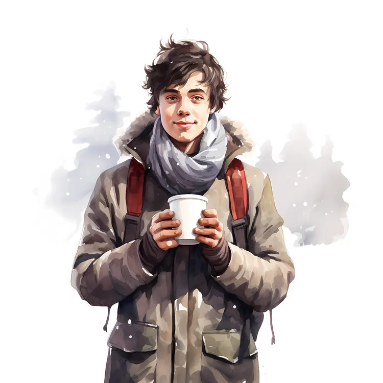 Man with Coffee Cup in Winter Clothing