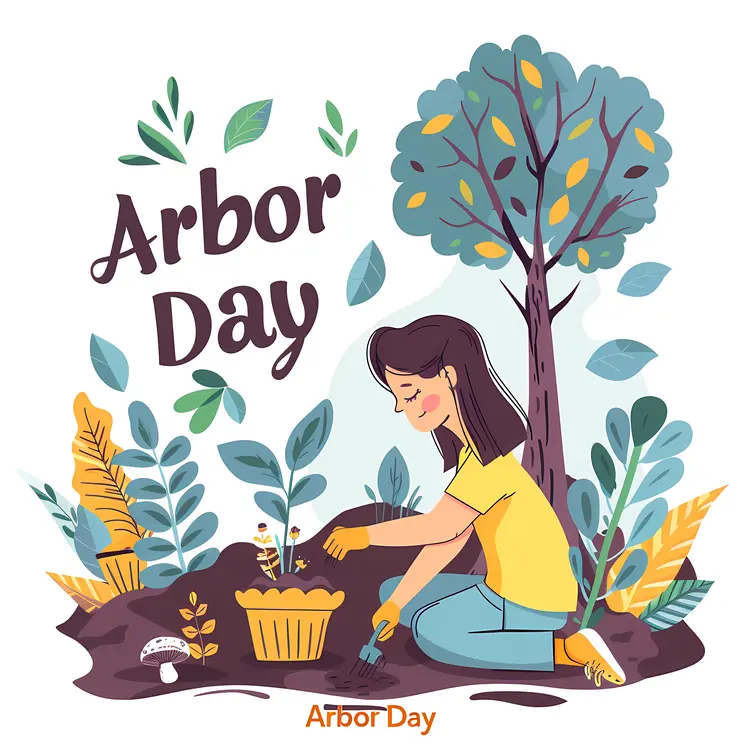 Arbor Day Celebration with Tree and Gardening