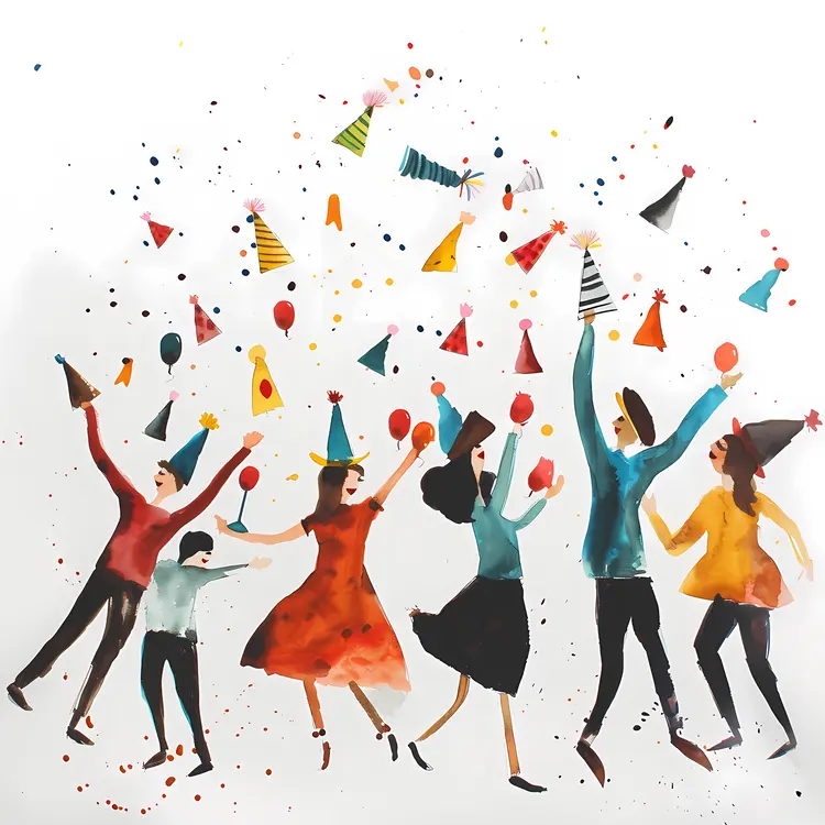 People Celebrating with Party Hats and Balloons