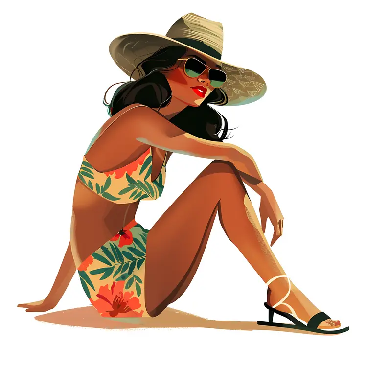 Woman in Floral Bikini and Hat