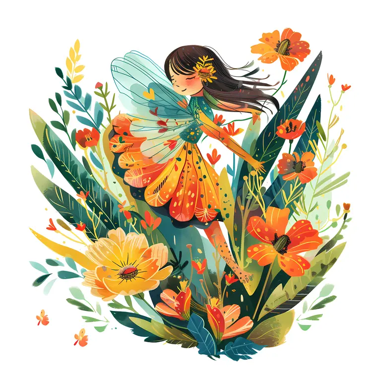 Orange Winged Fairy in Floral Setting
