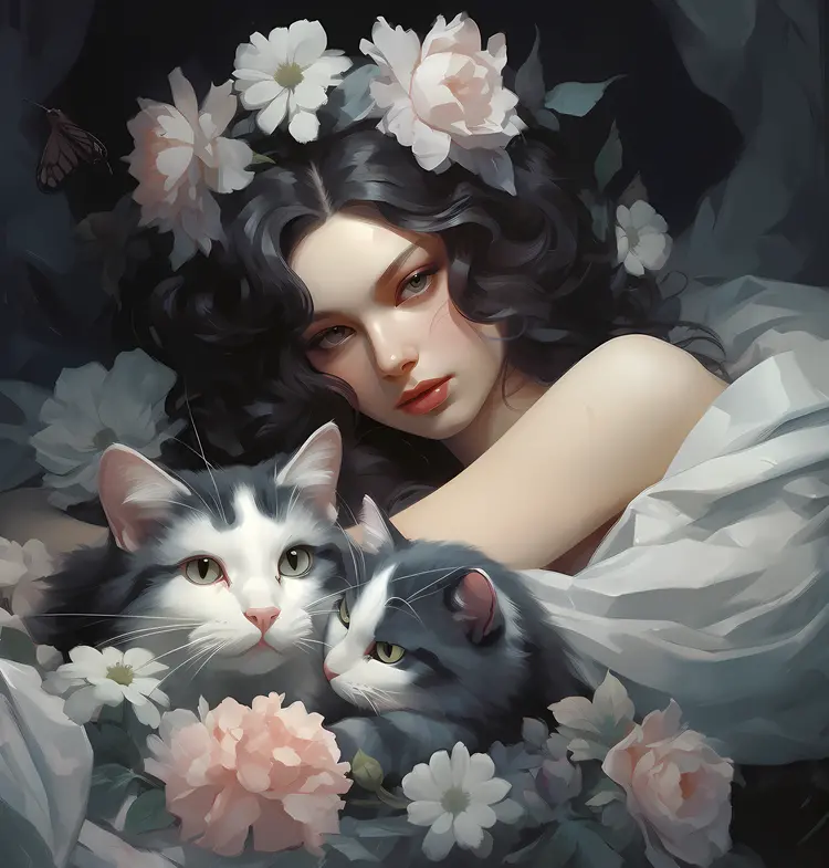 Girl with Two Kittens and Flowers