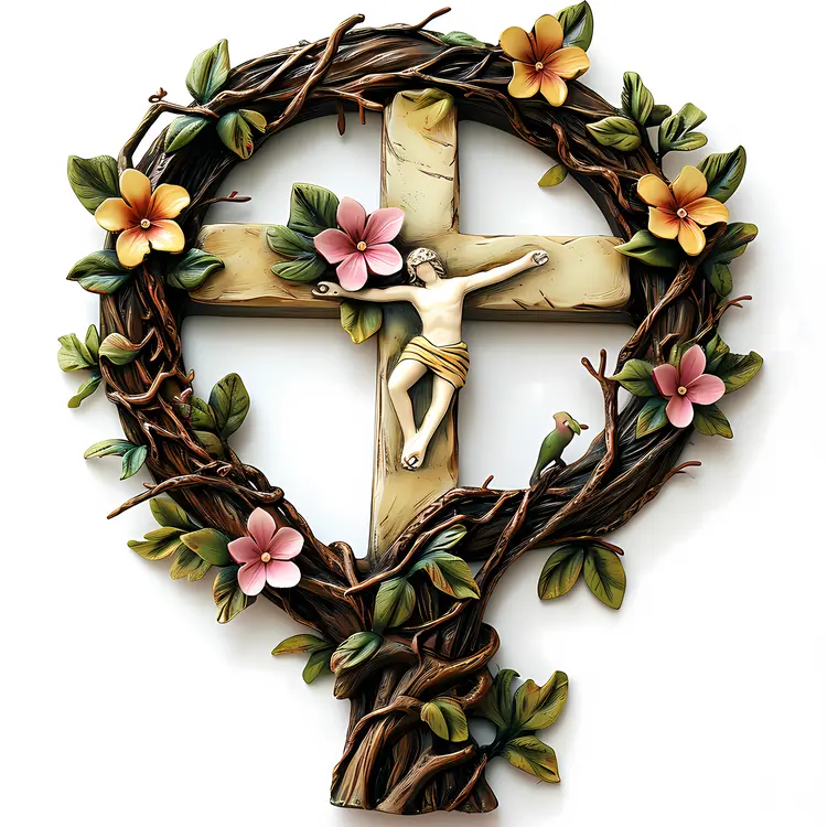 Cross with Jesus and Floral Wreath