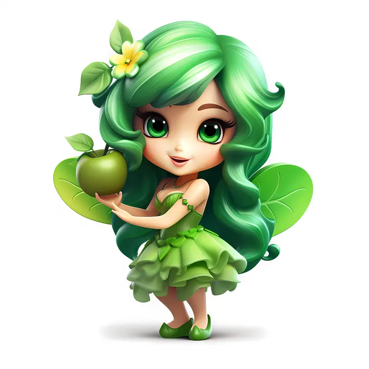 Cute Green Fairy Holding an Apple