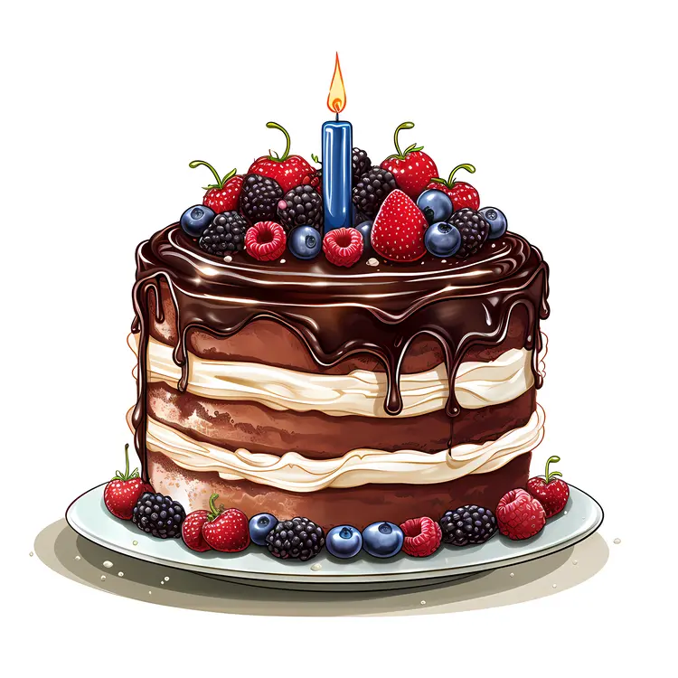 Chocolate Berry Cake with Candle for Birthday Celebration