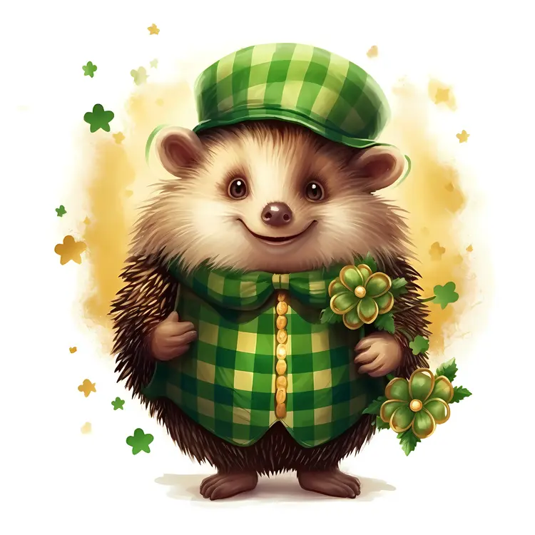 Cute Hedgehog in Green Outfit with Flowers